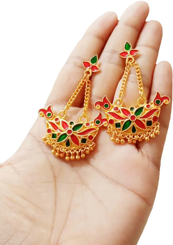 Assamese_Traditional_Copper_Gold_Plated_Red_Green_Colour_Jhumki_Earring_For_Girls_&_Women